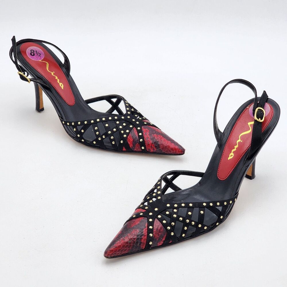 Nina Y2K Baddie Stud Cagey Snake Print Pointed Toe Slingback Heel Size 8.5 RARE